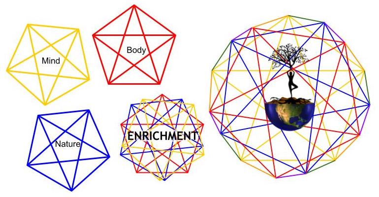 Image shows a yellow five point start with it's points connected labeled brain to symbolize the five universal core values that affect our brain. A red five point star with it's points connected to represent the body's five senses and a blue star with it's points connected to represent the 5 elements of nature.  Image in the middle labeled Enrichment shows all three stars overlapping.  Image right is larger and shows these stars overlapping and connecting with an earth torn in half with only the bottom portion remaining. A silhouette of a person doing a yoga tree stance is aligned with an image of a tree growing out of the earth's center.  These images were designed to show how the universal core values can come together with the body's five senses, and the elements of nature to help individuals grow as a person while healing the earth.